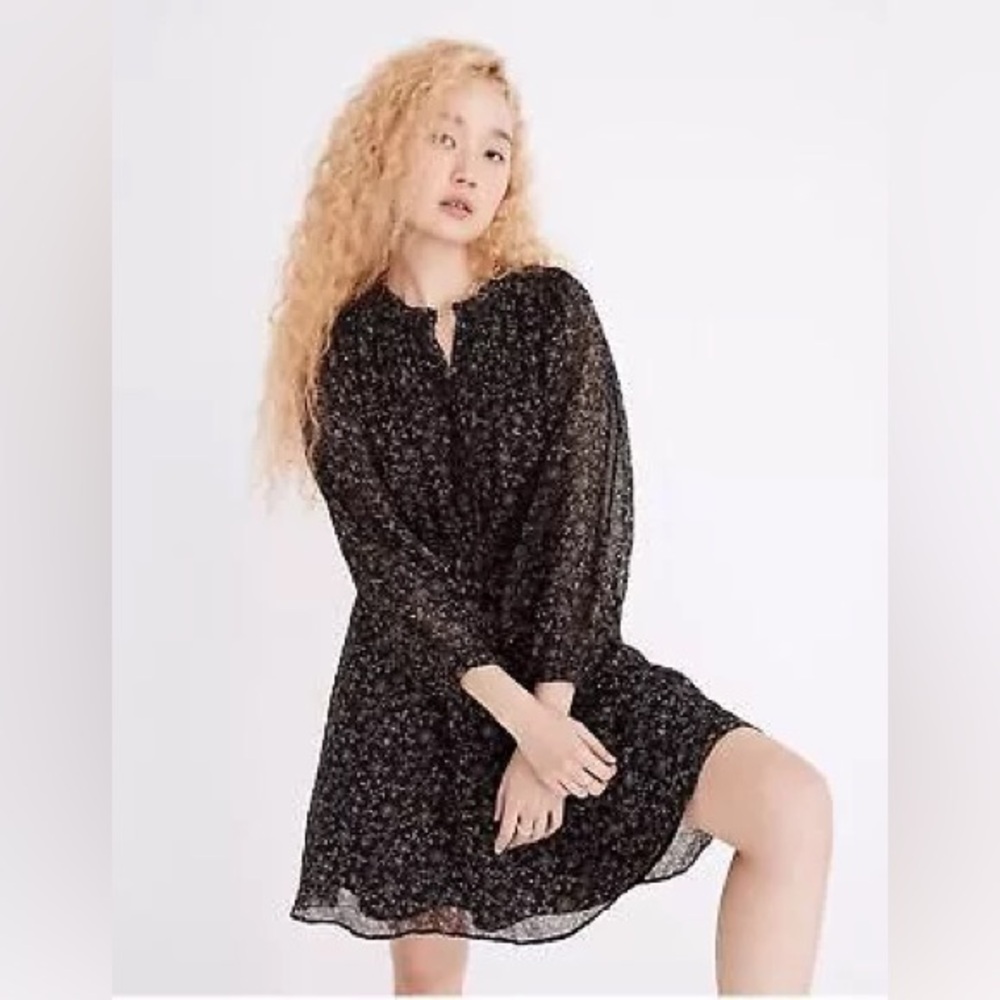 Madewell Ruffle-Neck Black and White Floral Button-Front Mini Dress